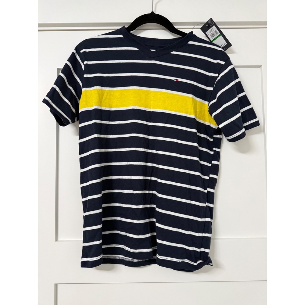 Tommy Hilfiger Boys Navy Blue Striped Yellow Band V-Neck T-Shirt Size L 16/18